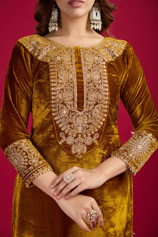 Function Wear Velvet Mustard Color Salwar Suit With Duptta