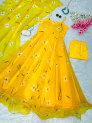 Classy Digital Printed Yellow Color Gown