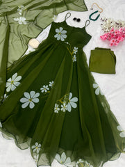 Classy Digital Printed Green Color Gown