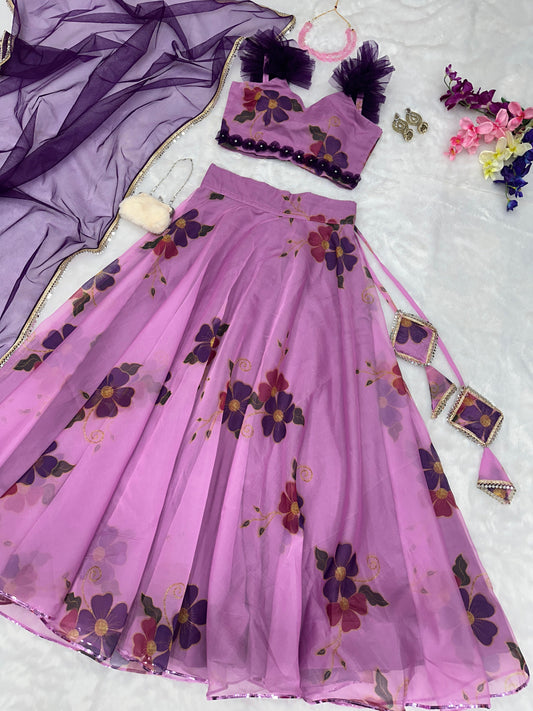 Glorious Purple Color Digital Print Organza Lehenga Choli