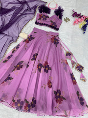 Glorious Purple Color Digital Print Organza Lehenga Choli