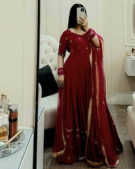 Stylish Embroidery Work Red Color Gown