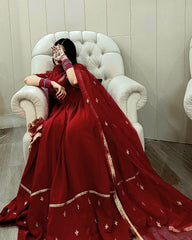 Stylish Embroidery Work Red Color Gown