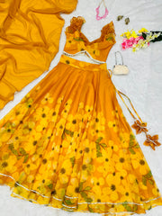 Hadi Wear Yellow Color Organza Silk Digital Printed Lehenga Choli