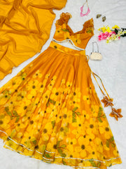 Hadi Wear Yellow Color Organza Silk Digital Printed Lehenga Choli