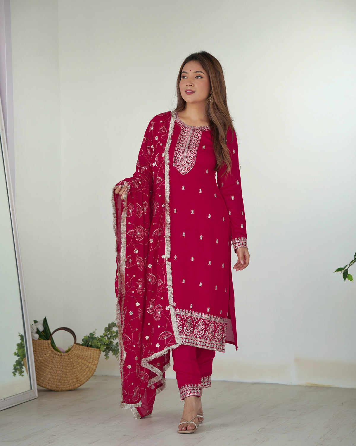 Gorgeous Pink Color Rangoli Silk Fabric Kurta With Dupatta Set