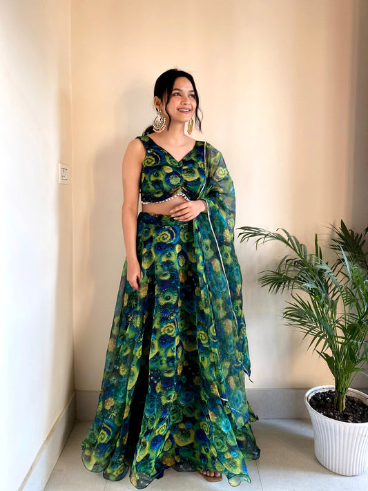 Festive Wear Floral Printed Green Color Organza Silk Lehenga Choli