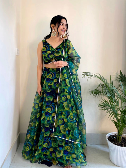 Festive Wear Floral Printed Green Color Organza Silk Lehenga Choli