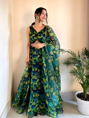 Festive Wear Floral Printed Green Color Organza Silk Lehenga Choli