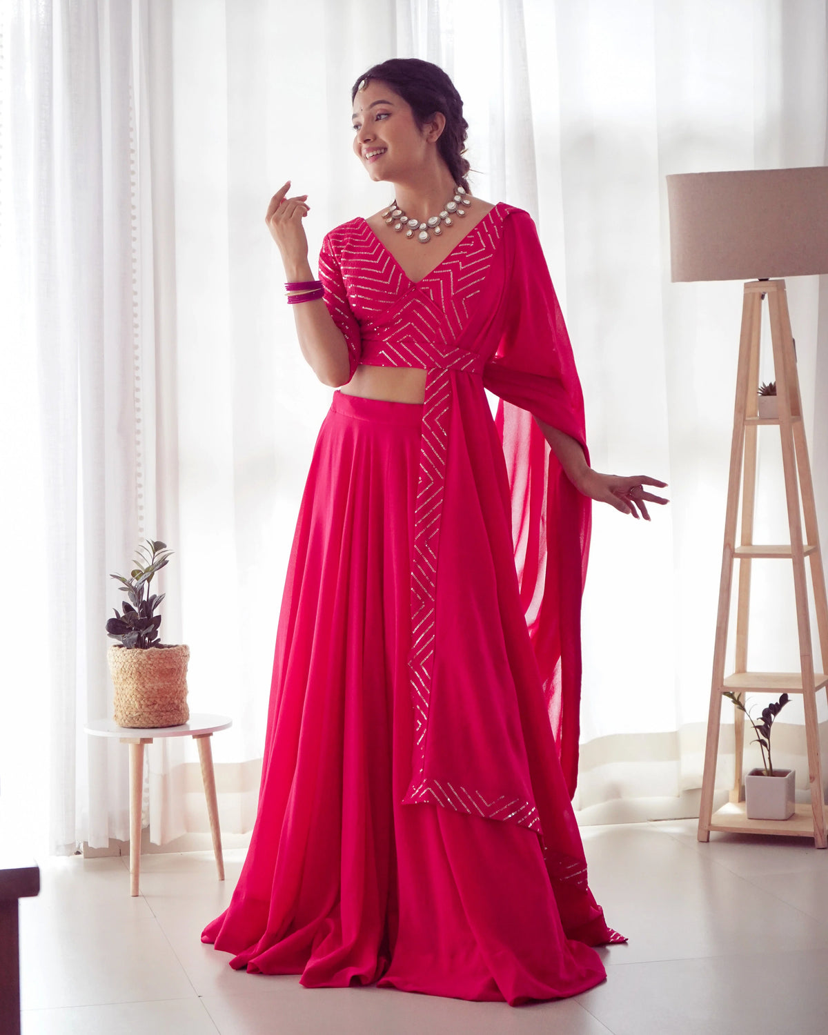 Plain Pink Lehenga With Sequence Work Blouse