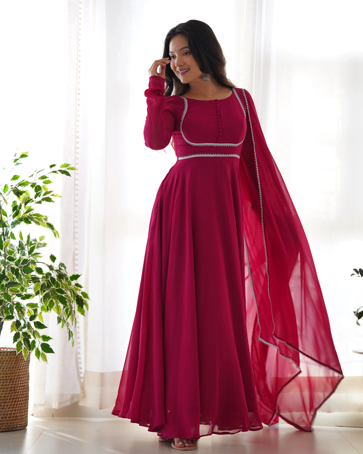 Unique Pattern Dark Pink Color Gown With Dupatta