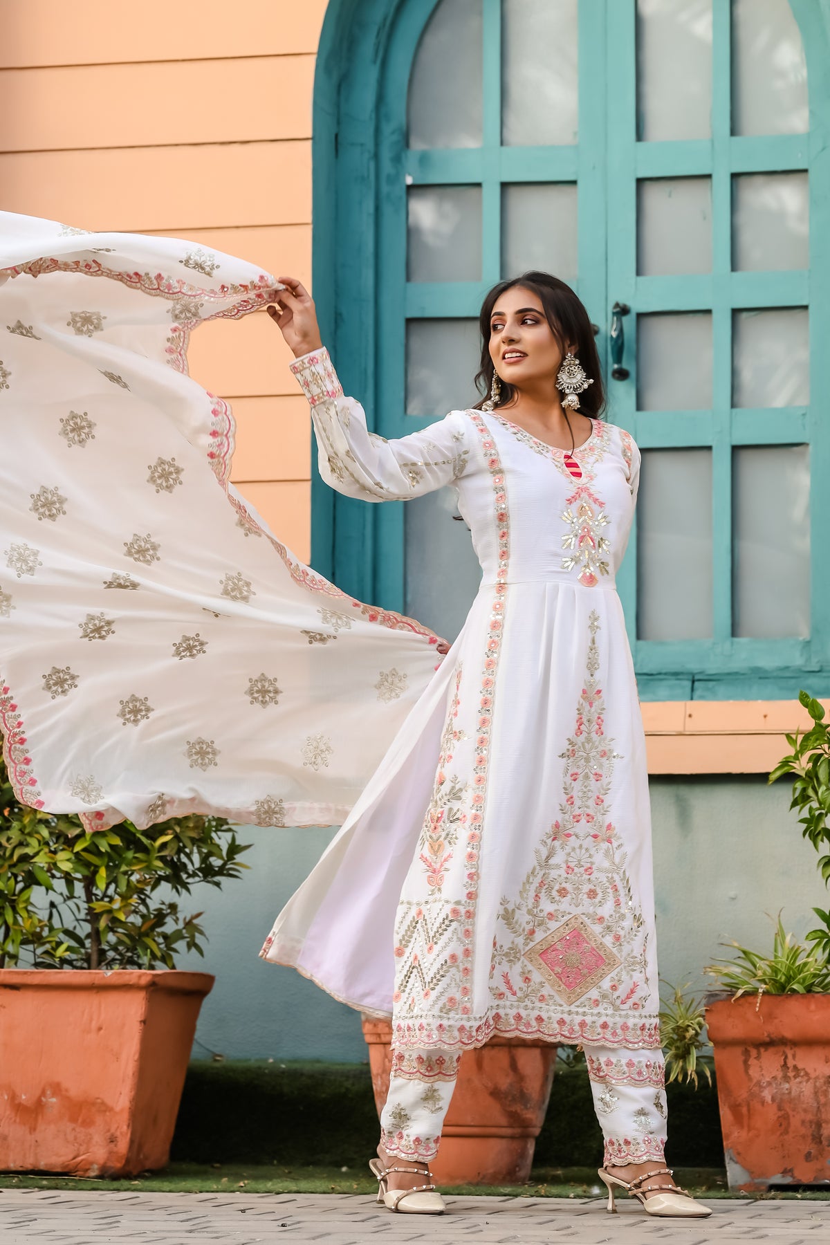 Presenting Embroidery Sequence Work White Color Salwar Suit