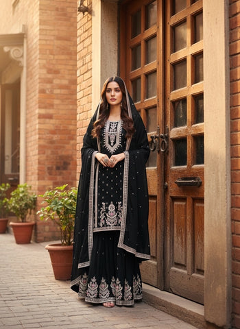 Charming White Chinon Silk Embroidery Work Sharara Suit