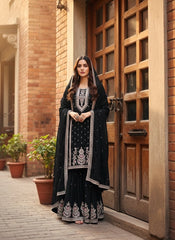 Charming White Chinon Silk Embroidery Work Sharara Suit