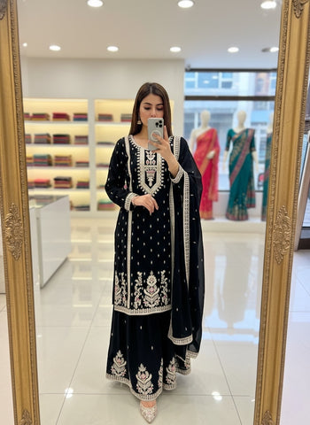 Charming White Chinon Silk Embroidery Work Sharara Suit