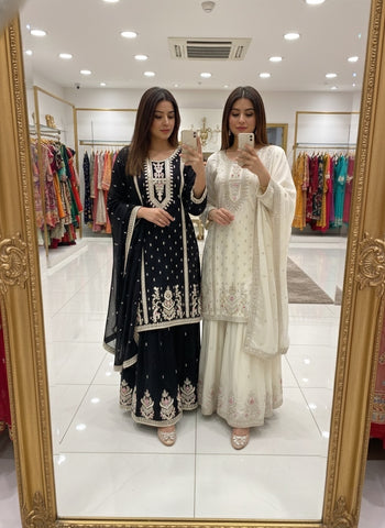 Charming White Chinon Silk Embroidery Work Sharara Suit