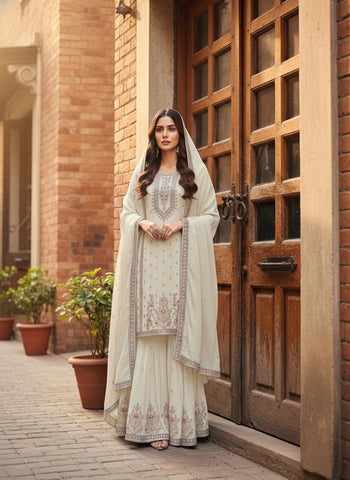 Charming White Chinon Silk Embroidery Work Sharara Suit