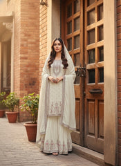 Charming White Chinon Silk Embroidery Work Sharara Suit