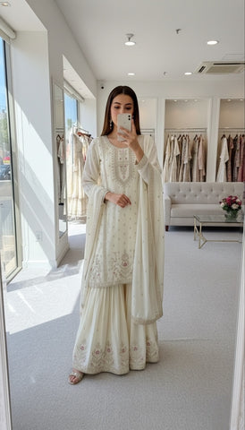 Charming White Chinon Silk Embroidery Work Sharara Suit