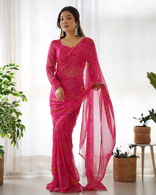 Bandhani Print Pink Ready To Wear Saree