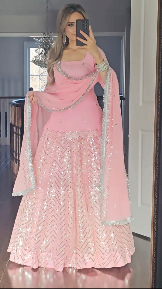 Blissful  Light Pink Color Georgette Sequence Embroidery Work Sharara Suit