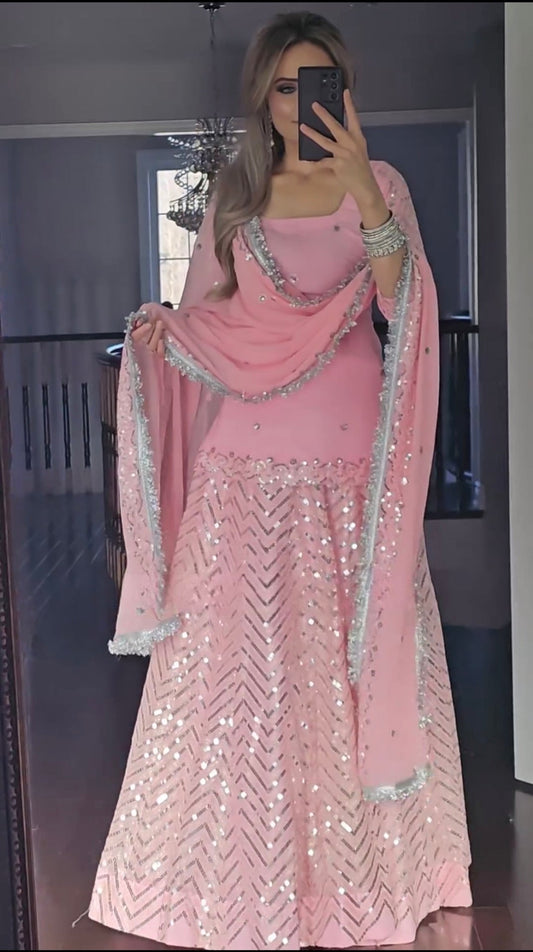 Blissful  Light Pink Color Georgette Sequence Embroidery Work Sharara Suit