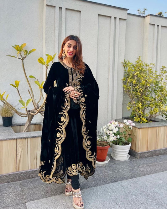 Wonderful Black Color Velvet Embroidery Work Anarkali Suit