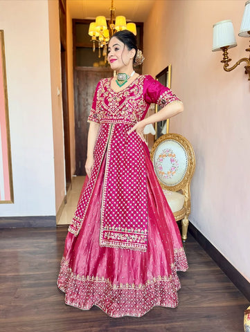 Function Wear Pink Chinon Silk Lehenga Choli