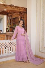 Luxuriant Ruffle Lavender Gown With Work Dupatta