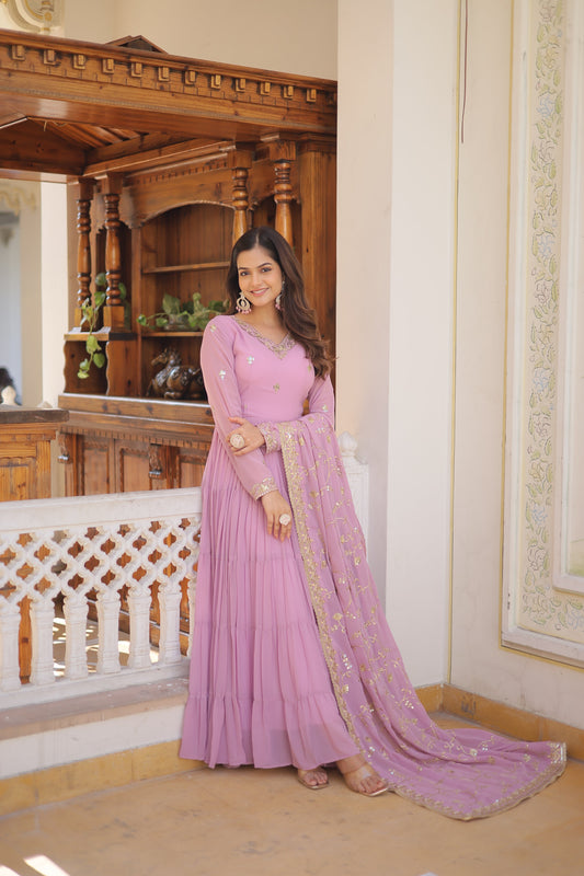 Luxuriant Ruffle Lavender Gown With Work Dupatta