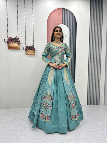 Stylish Pure Vichitra Heavy Thread Work Lehenga