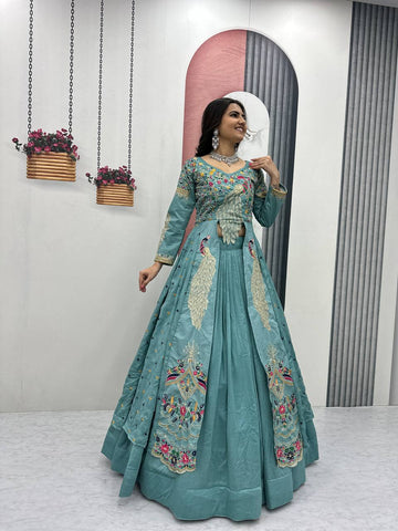Stylish Pure Vichitra Heavy Thread Work Lehenga