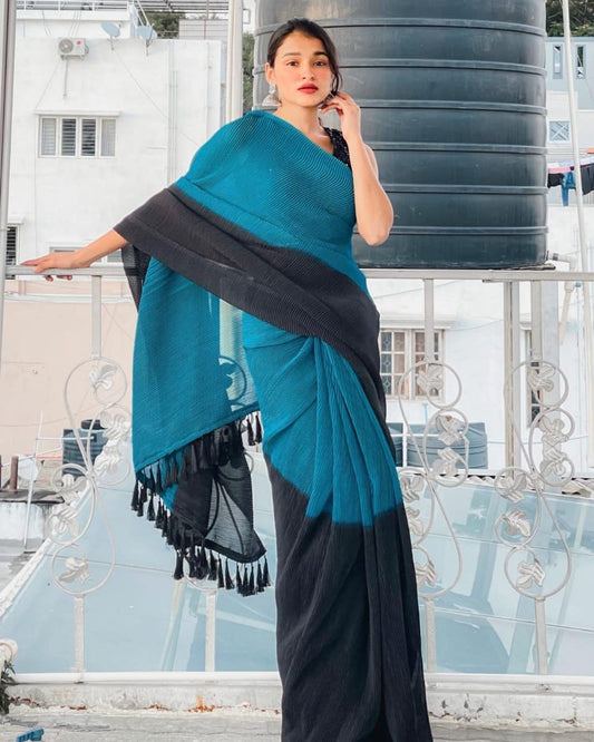 Teal Blue And Black Digital Print Pleated Saree