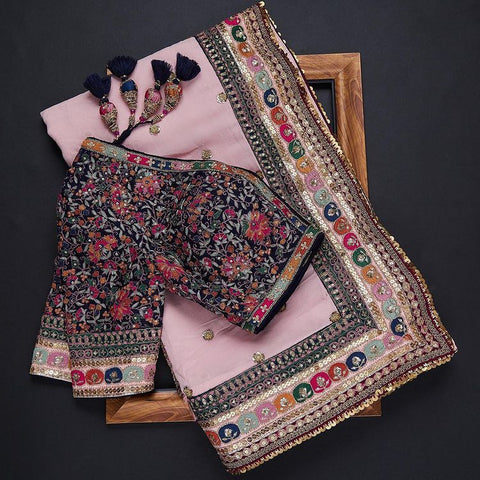 Light Pink Coding Embroidery Work Saree