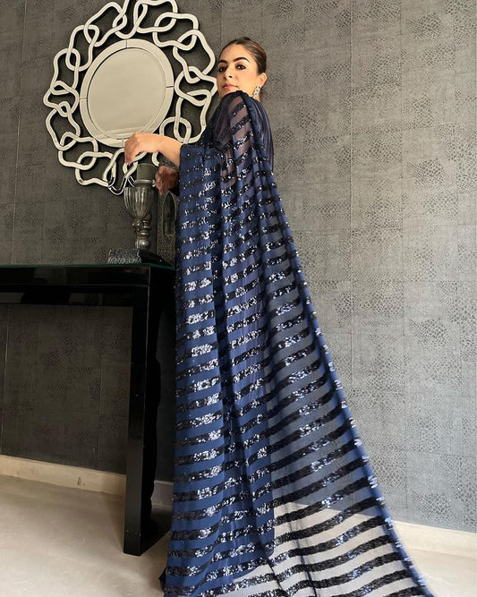 Amazing Navy Blue Color Sequin Work Crushed Saree