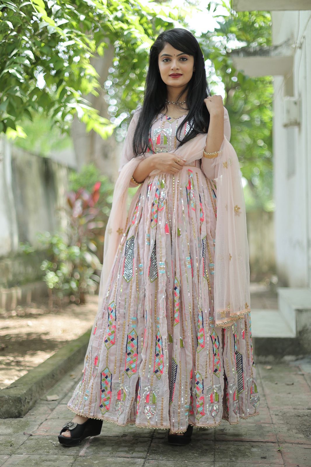 Designer Beige Sequence Embroidered Work Gown With Dupatta