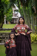 Ruffle Style Brown Color Sequence Thread Work Mother Daughter Gown