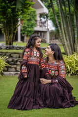 Ruffle Style Brown Color Sequence Thread Work Mother Daughter Gown