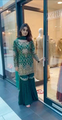Fabulous Embroidery Sequence Work Green Color Sharara Suit