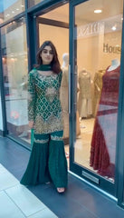Fabulous Embroidery Sequence Work Green Color Sharara Suit