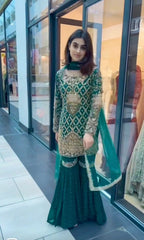Fabulous Embroidery Sequence Work Green Color Sharara Suit