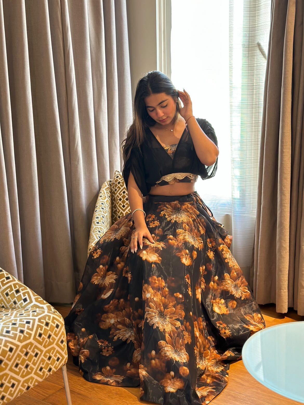 Outstanding Black Color Organza Crop Top With Lehenga