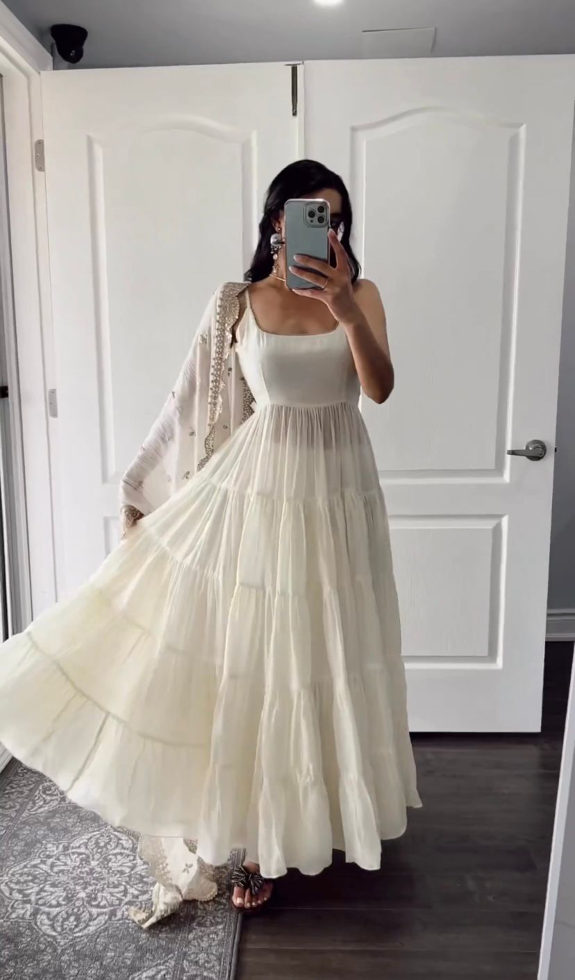 Outstanding White Color Ruffle Anarkali Gown