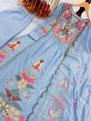 Summer Sky Blue Color Embroidery Work Top With Palazzo Set