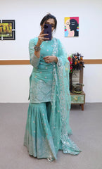 Embellished Aqua Green Color Sequence Work Sharara Suit