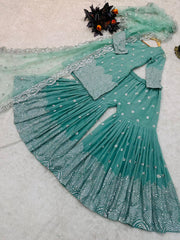 Embellished Aqua Green Color Sequence Work Sharara Suit