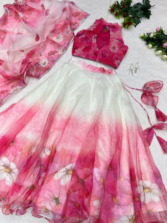 Pretty White With Pink Color Organza Silk Lehenga Choli