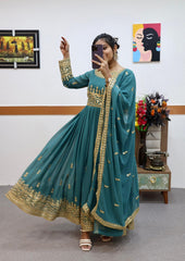 Aqua Green Color Sequence Embroidery Work Terrific Gown