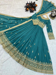 Aqua Green Color Sequence Embroidery Work Terrific Gown