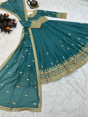 Aqua Green Color Sequence Embroidery Work Terrific Gown